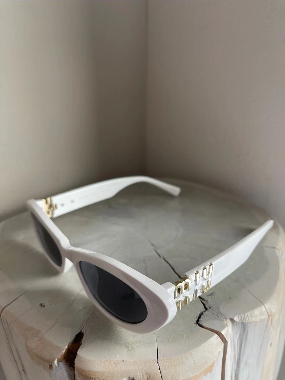 Miu Miu White Cat-Eye Sunglasses with Gold Accent Authentic